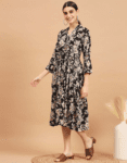 Women’s Foil Print Fit & Flare Knee Length Rayon Black Midi-Dress 5