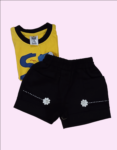 Kids Yellow & Black Printed Cotton T-Shirt With Black Shorts