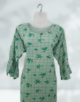 Light Green Color Printed Round Open Neck Rayon Kurti Top For Women With Bell Sleeve 1