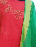 Red Color Beaded Cotton Churidar Material With Green Dupatta