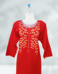 Red Color Embroidery Round Neck Cotton Kurti Top For Women 1