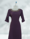 Georgette A Line Kurtis With Sugar Beads & Golden Cut Beads In Neck Portion Round Neck Plum Purple Color