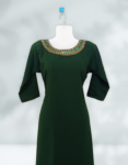 Georgette A Line Kurtis With Sugar Beads & Golden Cut Beads In Neck Portion Round Neck Phthalo Green Color
