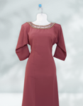 Georgette A Line Kurtis With Sugar Beads & Golden Cut Beads In Neck Portion Round Neck Rose Taupe Color