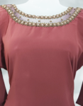 Georgette A Line Kurtis With Sugar Beads & Golden Cut Beads In Neck Portion Round Neck Rose Taupe Color