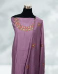 Lavender Color Semi Silk Churidar Material With Beautiful Floral Embroidery & Small Sequence Work On Neck