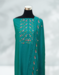 Premium Dark Cyan Silk Chiffon Churidar Material With Heavy Thread Embroidery Work