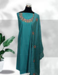 Topaz (Green-Blue Mix) Color Semi Silk Churidar Material With Beautiful Floral Embroidery & Small Sequence Work On Neck