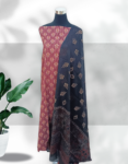 Women’s Ajrakh Print Cotton Blend Churidar Material Multi Color ( Pinkish Red Top, Black Color Printed Dupatta & Bottom )