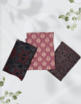 Women’s Ajrakh Print Cotton Blend Churidar Material Multi Color ( Pinkish Red Top, Black Color Printed Dupatta & Bottom )