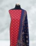 Women’s Ajrakh Print Cotton Blend Churidar Material Multi Color ( Red Top, Dark Blue Color Printed Dupatta & Bottom )