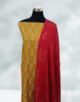 Women’s Ajrakh Print Cotton Blend Churidar Material Multi Color ( Yellow Top, Red Dupatta & Bottom )