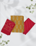 Women’s Ajrakh Print Cotton Blend Churidar Material Multi Color ( Yellow Top, Red Dupatta & Bottom )