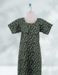 Women’s – Geometric Printed MC Nighty Short Sleeves Night Wear Maxi for Women Round Neck Front Open Dark Green Color – Cotton