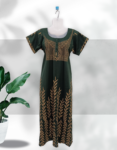 Women’s – Printed Rajwadi MC Nighty Short Sleeves Night Wear Maxi for Women Front Open Round Neck Dark Green Color – Cotton