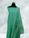 Light Sea Color Semi Silk Churidar Material With Sugar Beads & Cut Beads Work On Yoke & Printed Organza Dupatta