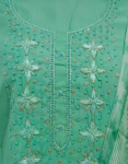 Light Sea Color Semi Silk Churidar Material With Sugar Beads & Cut Beads Work On Yoke & Printed Organza Dupatta