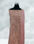 Tussar Silk Churidar Top Material With Floral Embroidery Work Grey Pink Color Chiffon Dupatta & Satin Bottom Lining Included