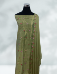 Tussar Silk Churidar Top Material With Floral Embroidery Work Muddy Green Color Chiffon Dupatta & Satin Bottom Lining Included